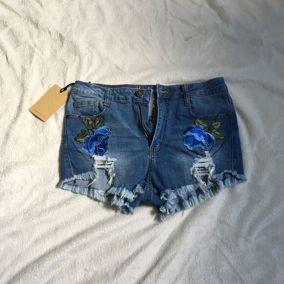 Machine Embroidered Distressed Denim Cutoff Shorts | Sz M - Picture 2 of 5